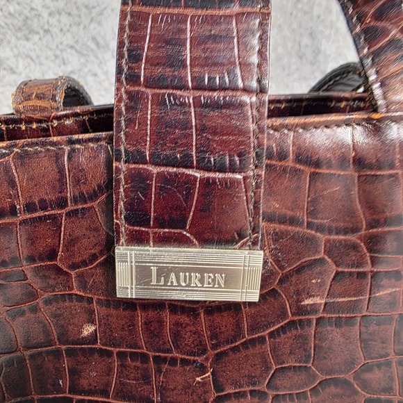 VTG Lauren Ralph Lauren Mini Purse Tote Bag Brown Croc Embossed Leather Small - Picture 2 of 12